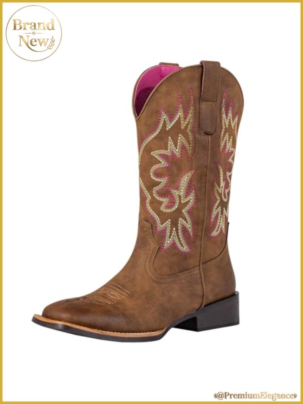 Faux Leather Square Toe Western Cowgirl Boots Wide Calf Chunky Heel Mid Calf